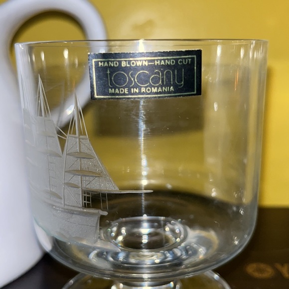 Set of 3 Toscany hand blown - hand cut - etched clipper ship- Made in Romania - Picture 4 of 7
